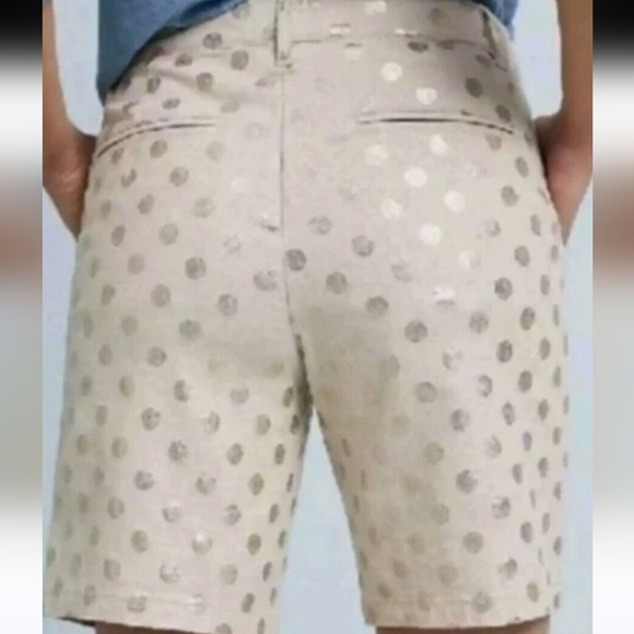 EUC ANTHROPOLOGIE LINEN BLEND BERMUDA SHORTS TAN & GOLD POLKA DOT MID RISE SZ 27 - Picture 3 of 13